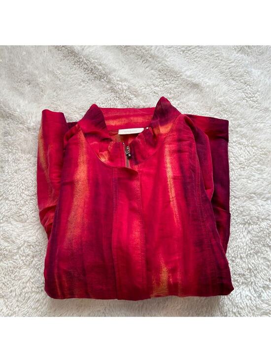 Chico's Jackets & Blazers - Chico's Womens Red/Pink Artsy Old Money Full Zip 3/4 Slv Cinch Jacket Sz 3 Linen